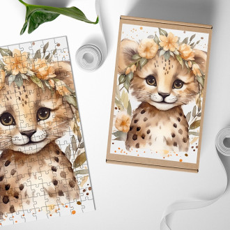 Dřevěné puzzle Mládě leoparda  v květinách