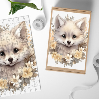Dřevěné puzzle Mládě bílé lišky v květinách