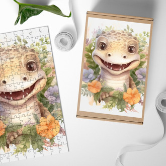 Dřevěné puzzle Mládě krokodýla v květinách