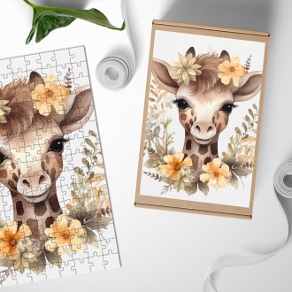 Dřevěné puzzle Mládě žirafy v květinách