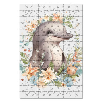 Dřevěné puzzle Mládě delfína v květinách