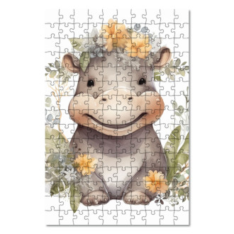 Dřevěné puzzle Mládě hrocha v květinách