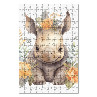 Dřevěné puzzle Mládě nosorožce v květinách