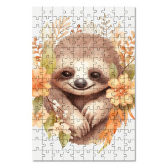 Dřevěné puzzle Mládě lenochoda v květinách