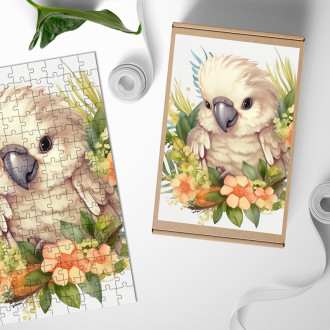 Dřevěné puzzle Mládě papouška v květinách