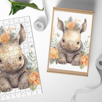 Dřevěné puzzle Mládě nosorožce v květinách