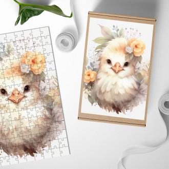 Dřevěné puzzle Mládě slepice  v květinách