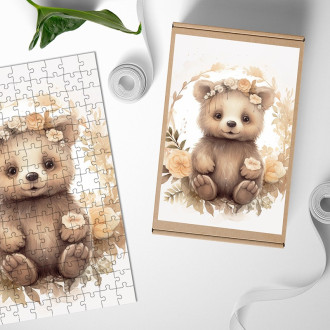 Dřevěné puzzle Mládě grizzlyho v květinách