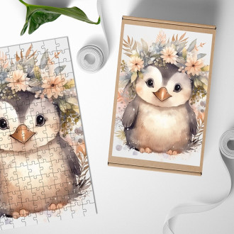 Dřevěné puzzle Mládě tučňáka v květinách