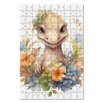 Dřevěné puzzle Mládě dinosaura v květinách